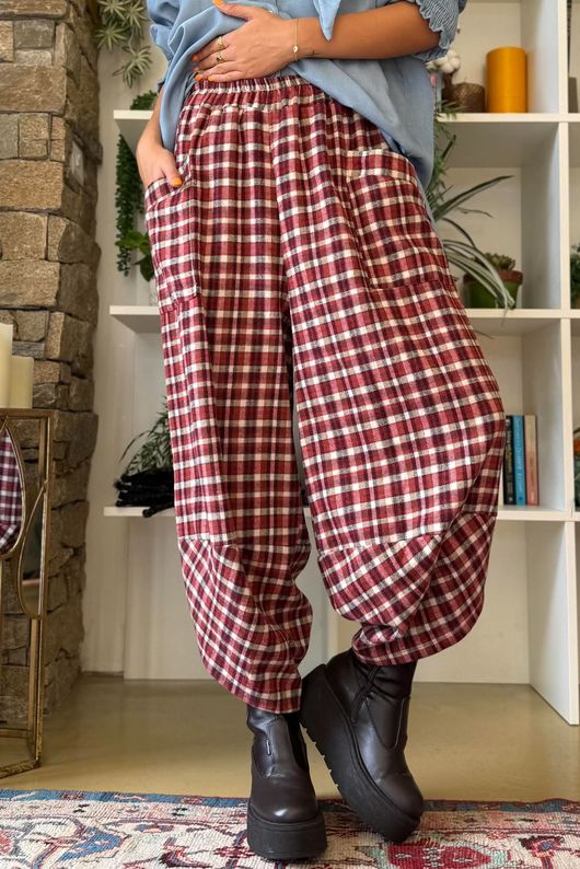 Jasper Plaid Brushed Cotton Shelby Barrel Pant Morello